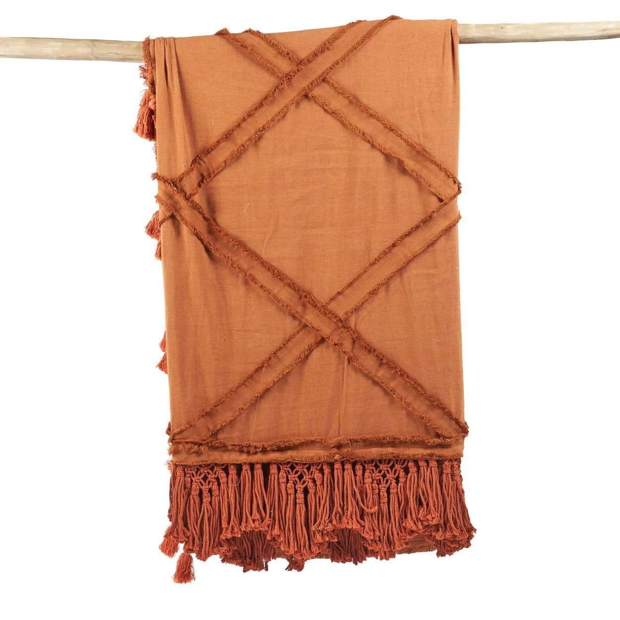 Plaid en coton terracotta à losanges avec franges macramé 240x300 cm