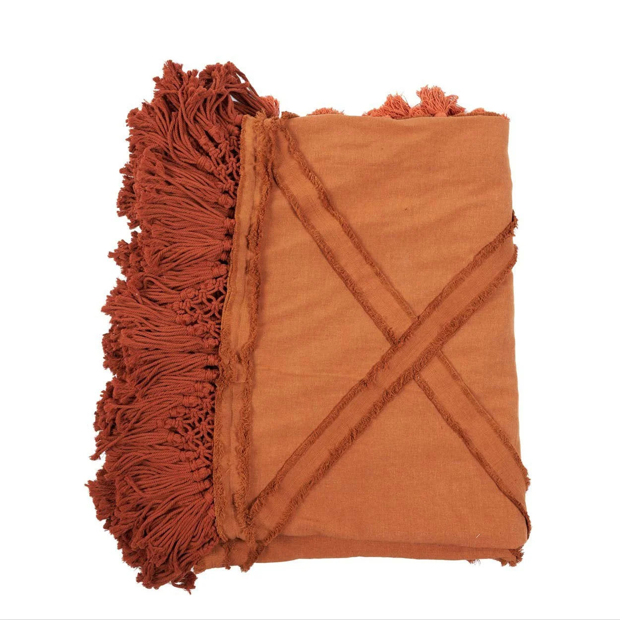 Plaid en coton terracotta avec franges et motif losanges décoratif 240x300 cm