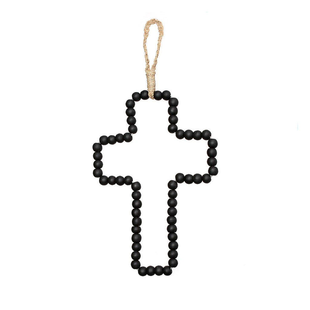 Croix murale décorative en bois noir perlé avec corde de suspension