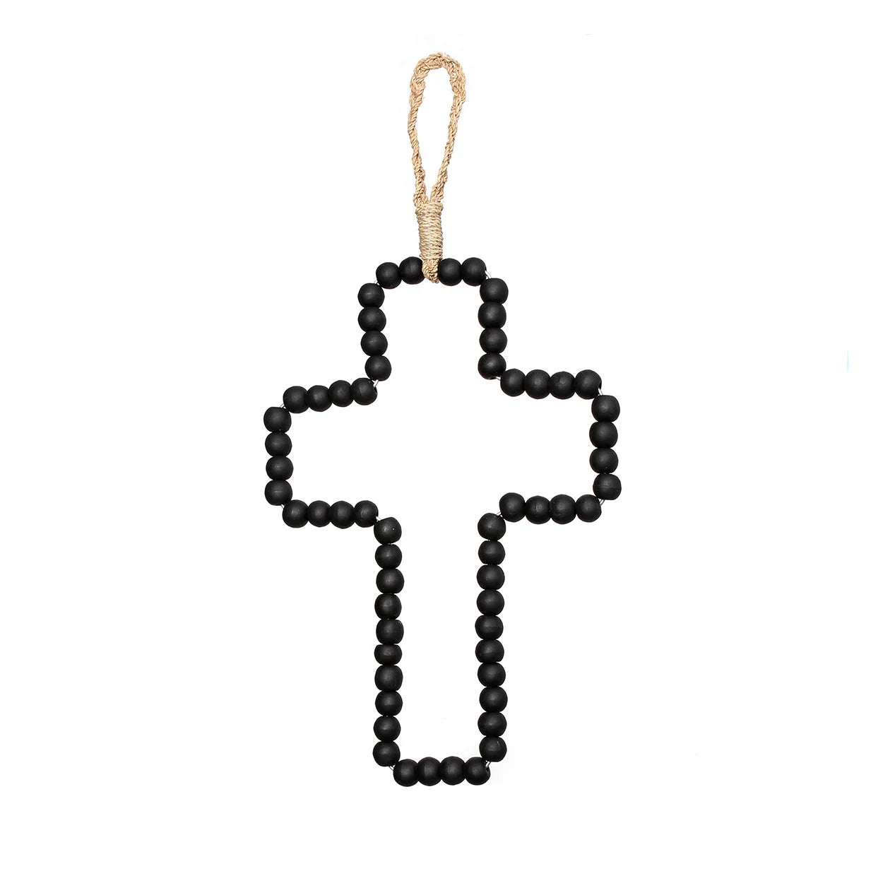 Croix murale décorative en bois noir perlé avec corde de suspension