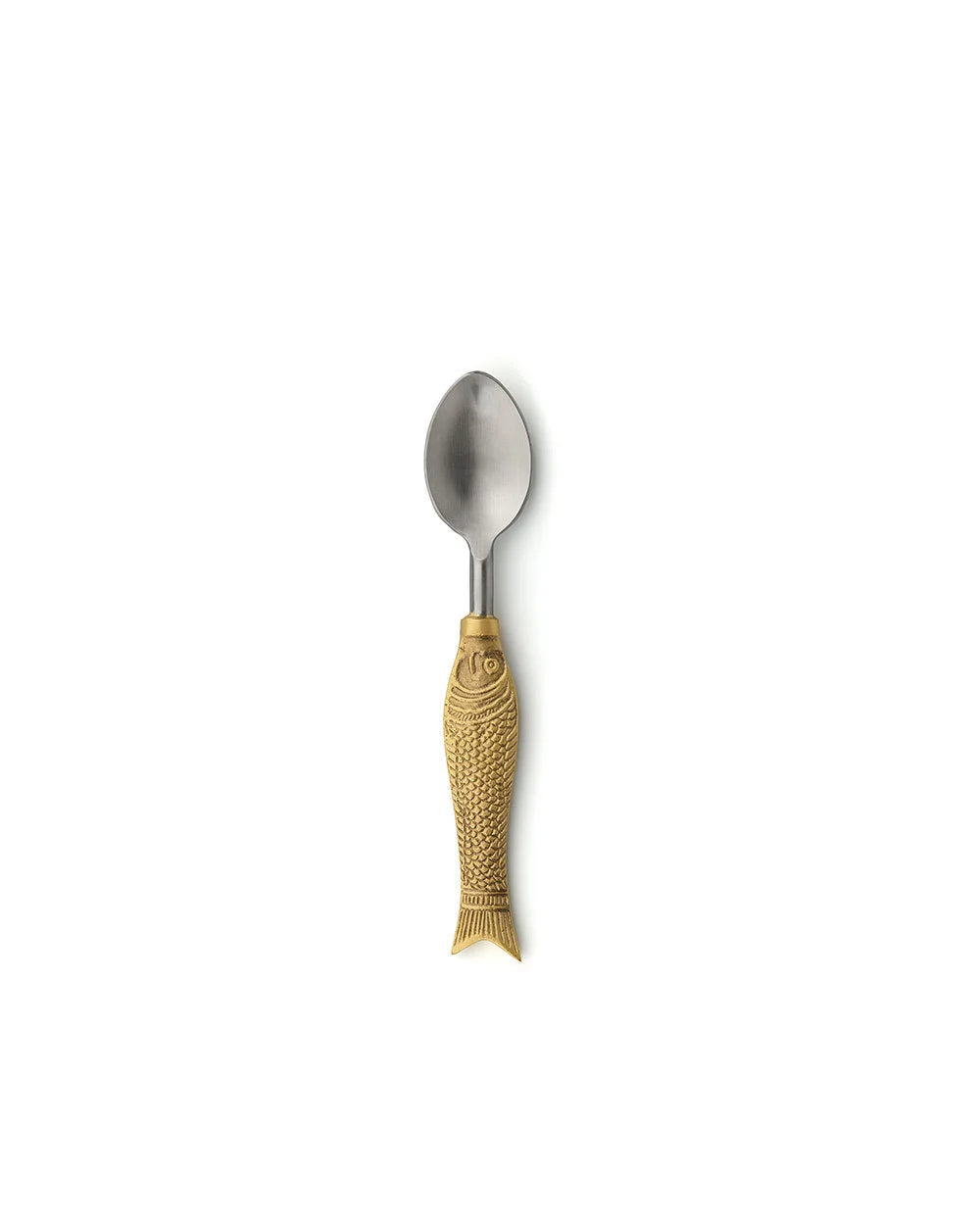 Cuillère décorative en métal doré avec manche poisson sculpté et texture élégante