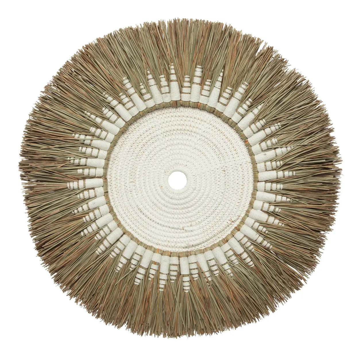 Décor mural rond en raphia et macramé coton blanc avec frange en paille