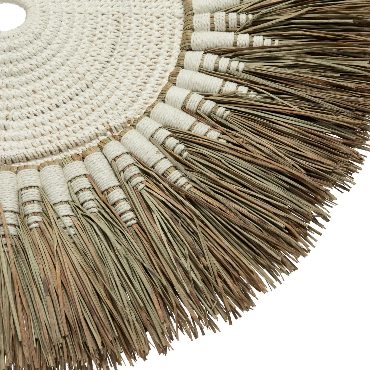 Déco murale ronde en Raphia et macramé coton blanc avec frange en paille
