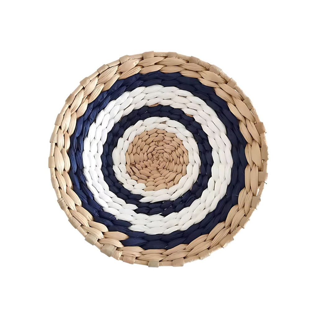Déco murale en rotin rond bleu blanc