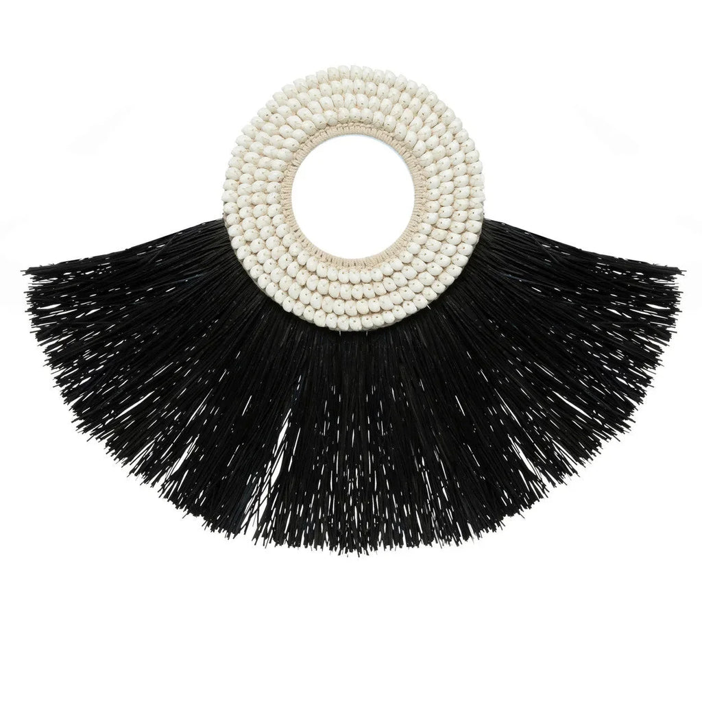 Tasseled black fan with white beaded circular handle from Décoration murale en alang-alang