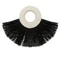 Tasseled black fan with white beaded circular handle from Décoration murale en alang-alang