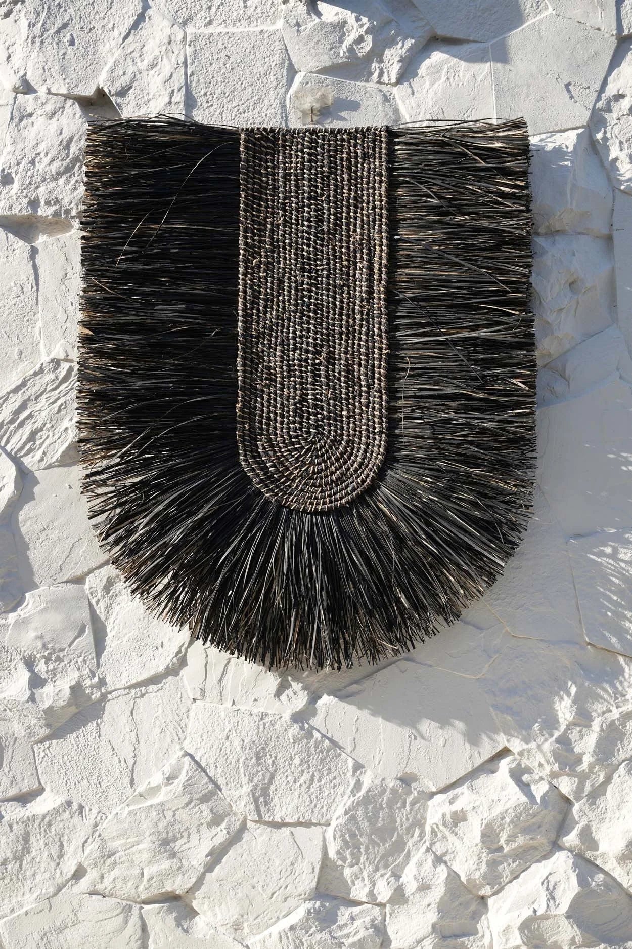 Décoration murale en fibres naturelles noires et gris, 87x74 cm, tissage contemporain