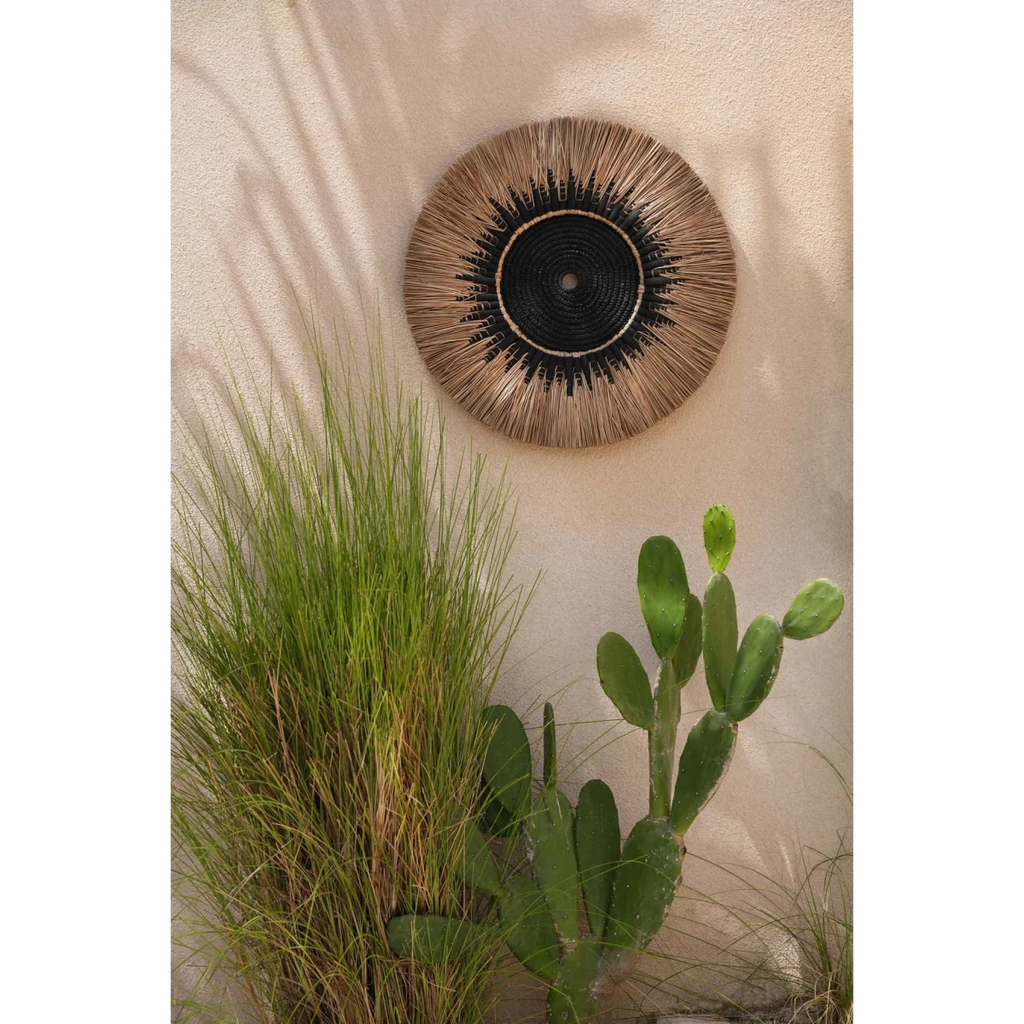 Décoration murale ronde en raphia et macramé noir avec centre noir, 60 cm