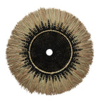 Décoration murale ronde en raphia et macramé noir avec franges en paille de 60 cm