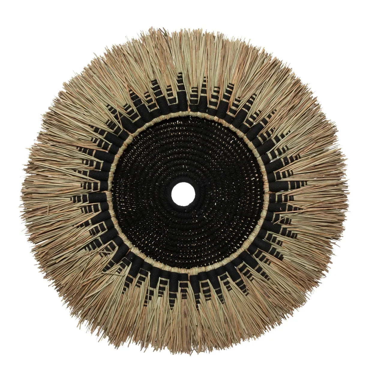 Décoration murale ronde en raphia et macramé noir avec franges en paille de 60 cm