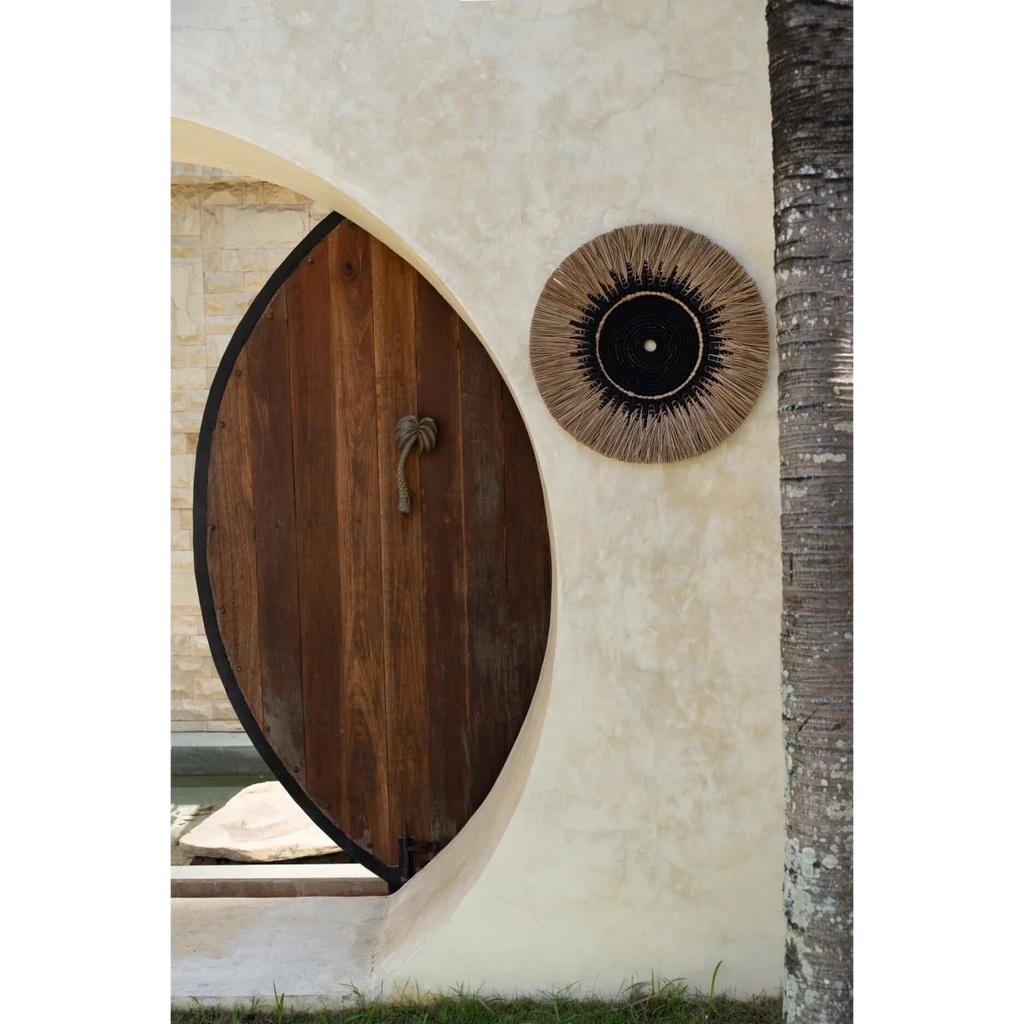 Porte en bois en forme de feuille avec poignée en palmier pour décoration murale noire