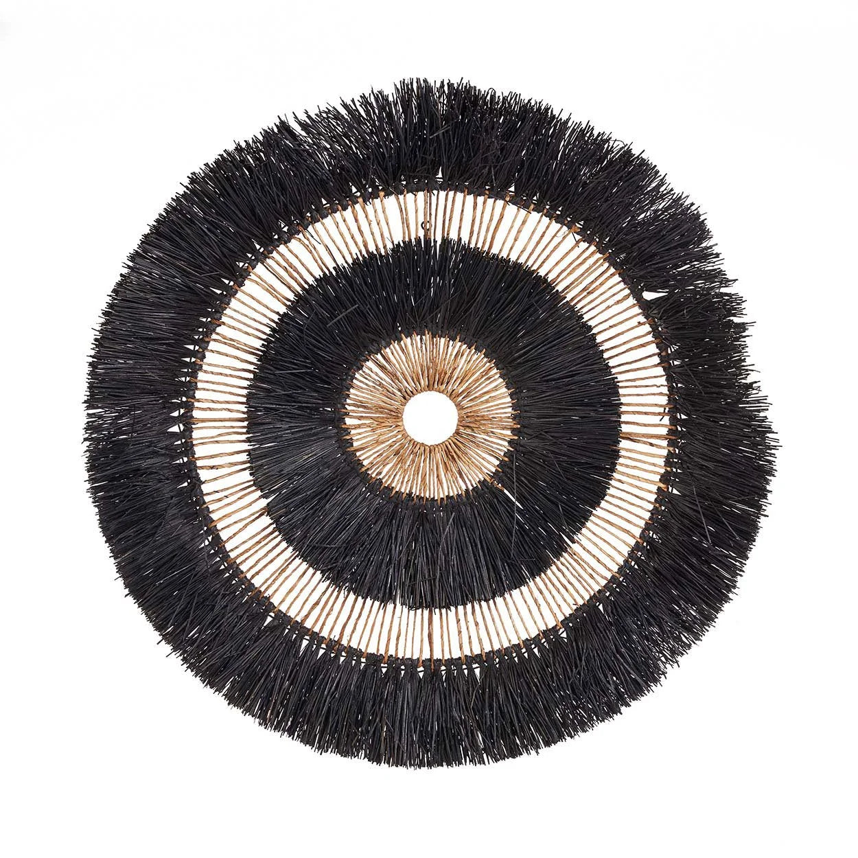 Décoration murale ronde en feuilles de bananier noir et naturel – Ø110 cm
