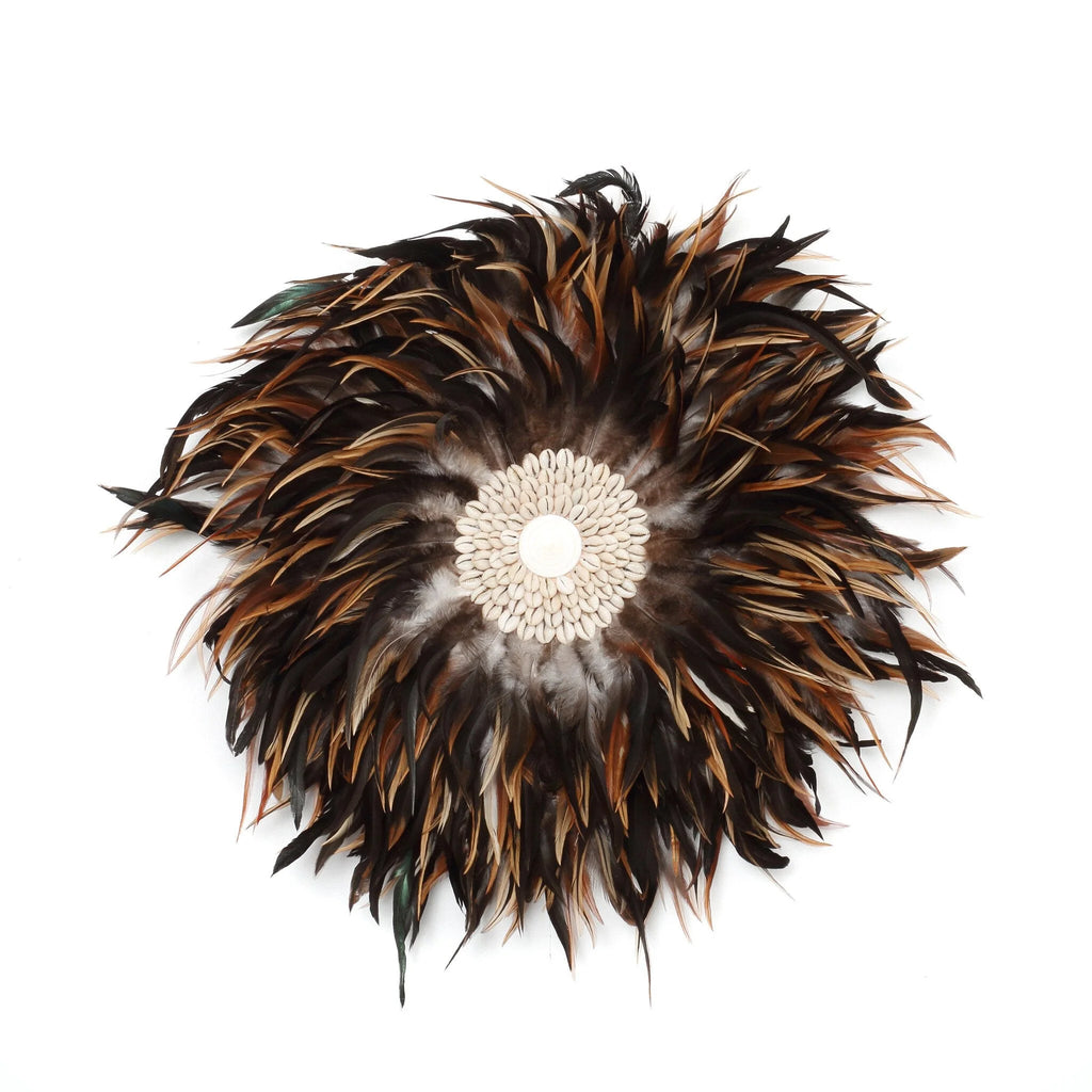 Décoration murale ronde en plumes noires et brunes avec coquillages, diamètre 50 cm