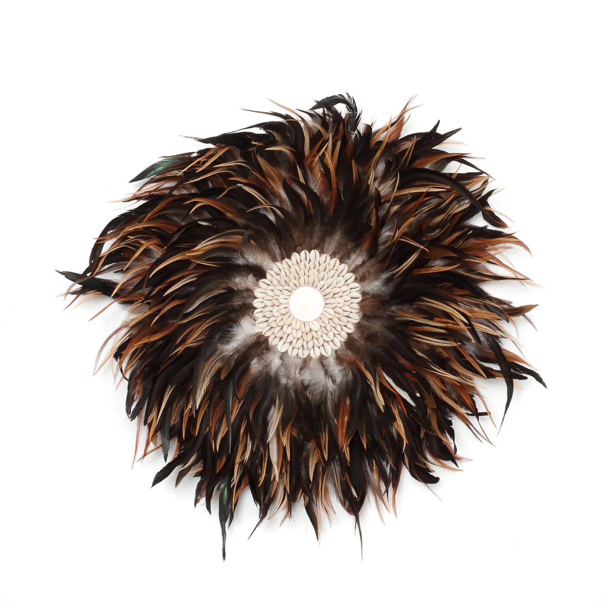 Décoration murale ronde en plumes noires et brunes avec coquillages, diamètre 50 cm