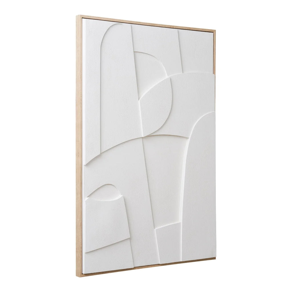 Décoration murale en toile blanche abstraite 3D avec cadre bois clair 60x90 cm
