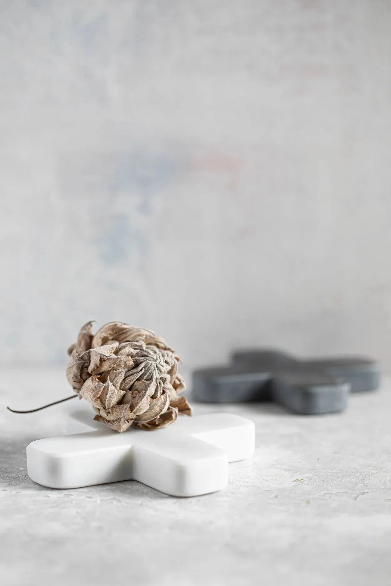 Fleur séchée et froissée avec tige sombre sur Dessous-de-plat en marbre noir croix