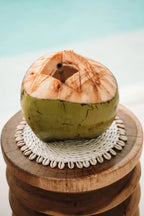 Coconut vert frais partiellement écorcé avec ouverture pour boire, idéal pour décoration