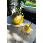 Coconut frais avec paille en métal et verre de boisson glacée jaune sur dessous de verre rond en herbe marine et coquillages