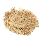 Dessous de verre rond en raphia naturel beige à franges artisanales