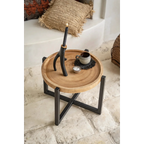 Dessous de verre rond en raphia noir avec franges sur plateau en bois rond avec jambes en métal