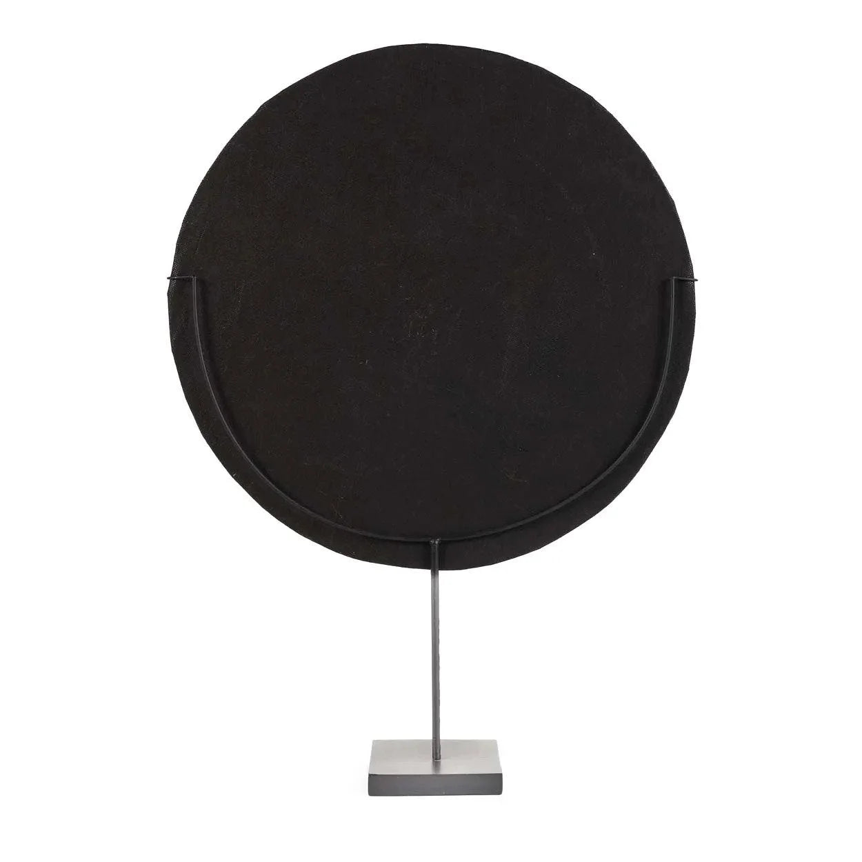Socle noir circulaire en suède avec base métallique, disque décoratif en coquillages et perles