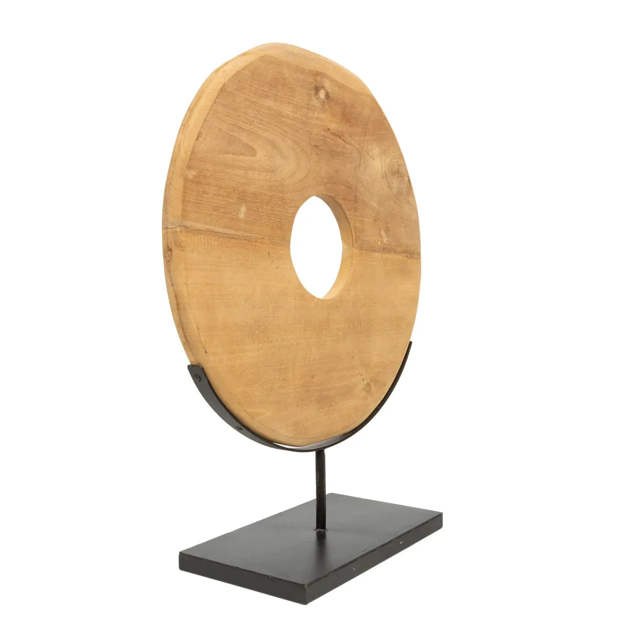 Sculpture en disque en teck sur support en bois pour décoration intérieure