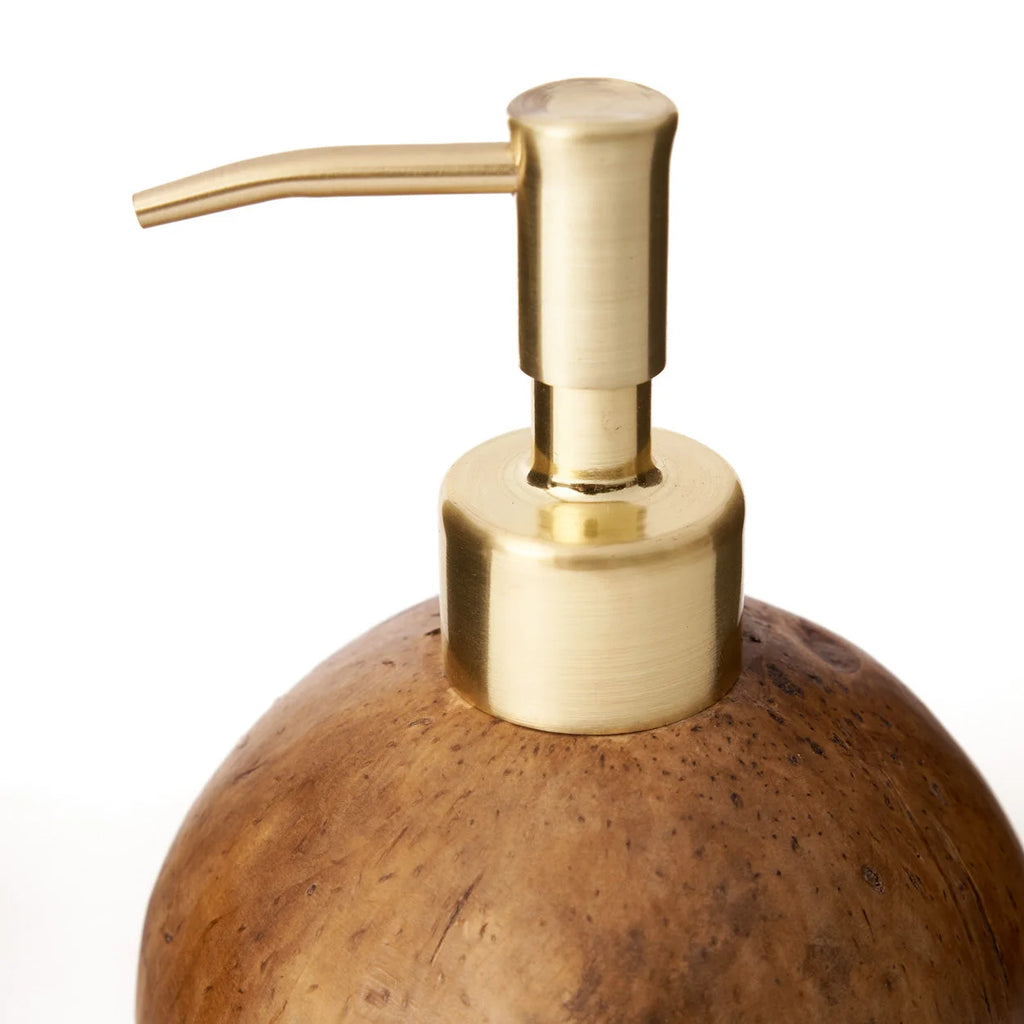 Distributeur de savon noix de coco brun avec pompe dorée en laiton brossé