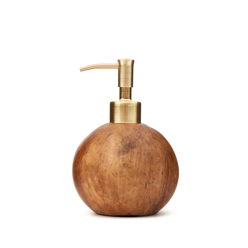 Distributeur de savon noix de coco brun avec pompe dorée en laiton brossé