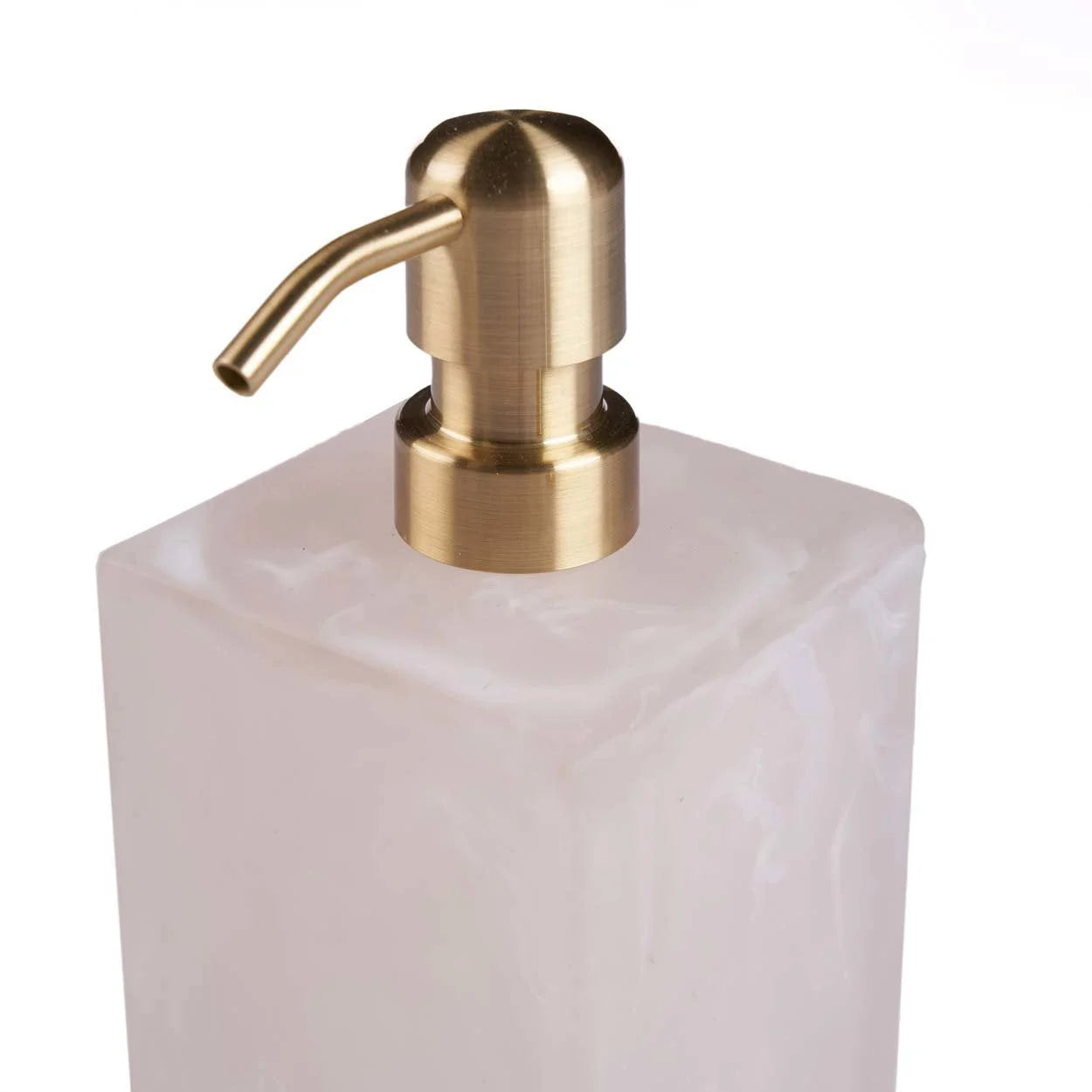 Distributeur de savon en résine marbrée rose et blanche avec pompe dorée