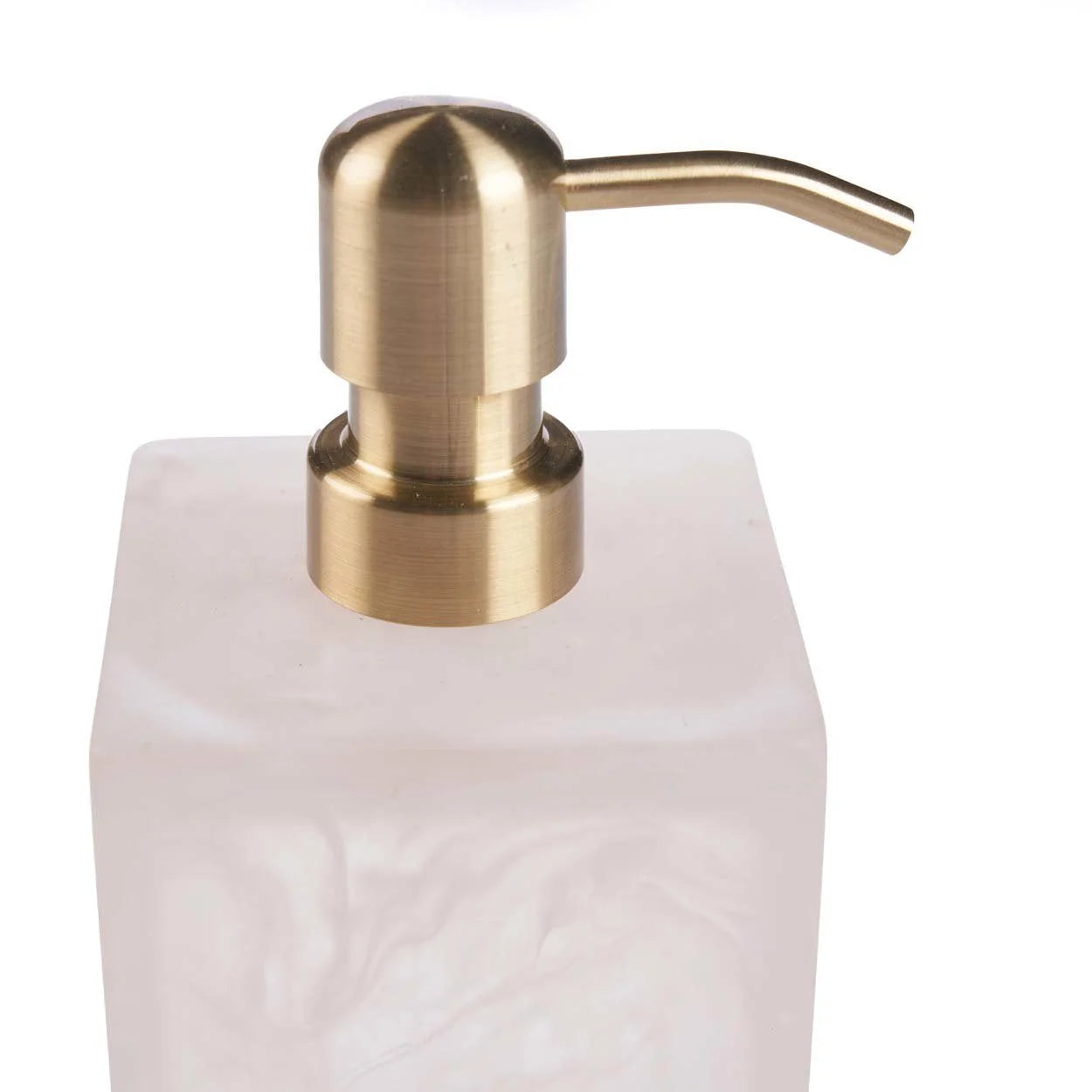 Distributeur de savon en résine marbrée rose et blanche avec pompe dorée