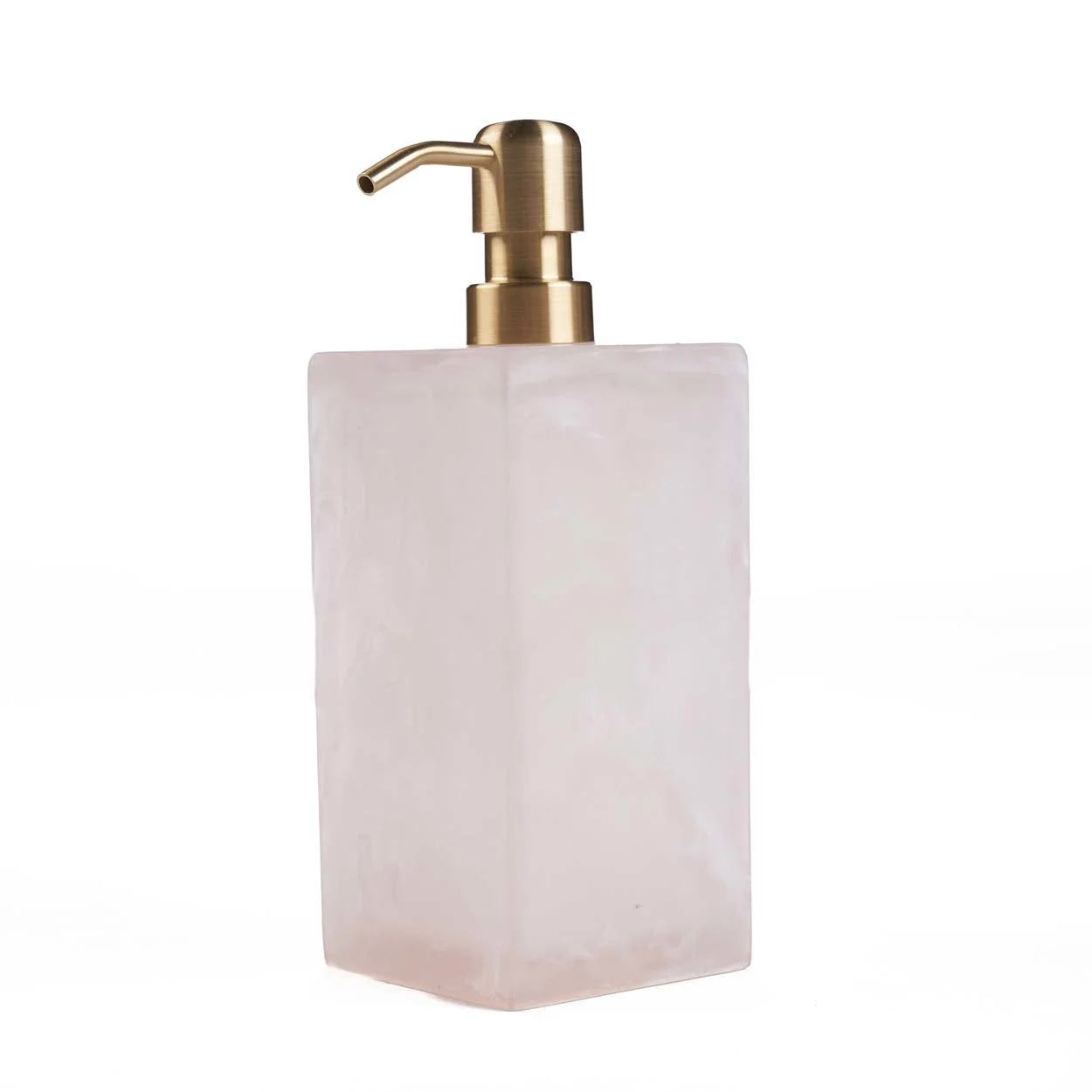 Distributeur de savon en résine marbrée rose et blanche avec pompe dorée