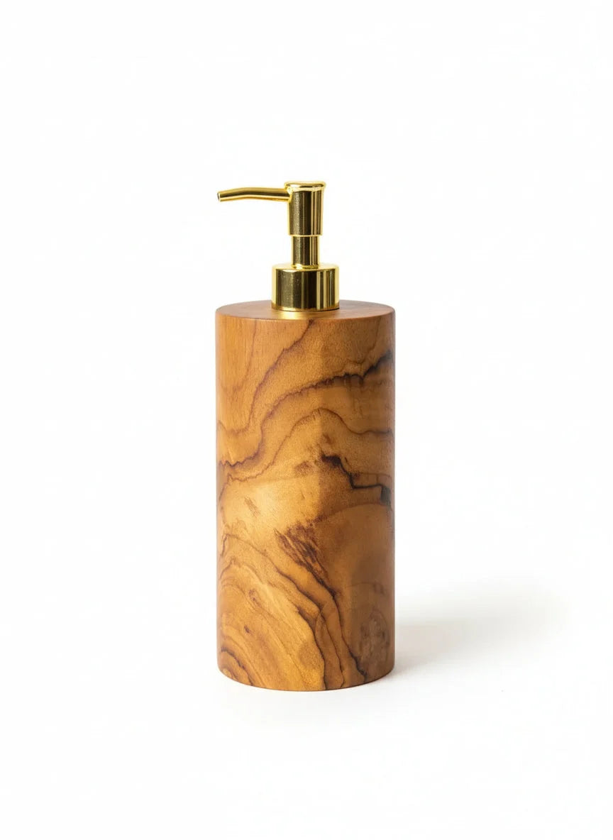Distributeur de savon en bois dolivier cylindrique pompe dorée polie