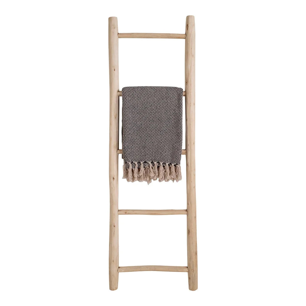 Échelle décorative en bois de teck naturel avec jeté à franges 50x150 cm