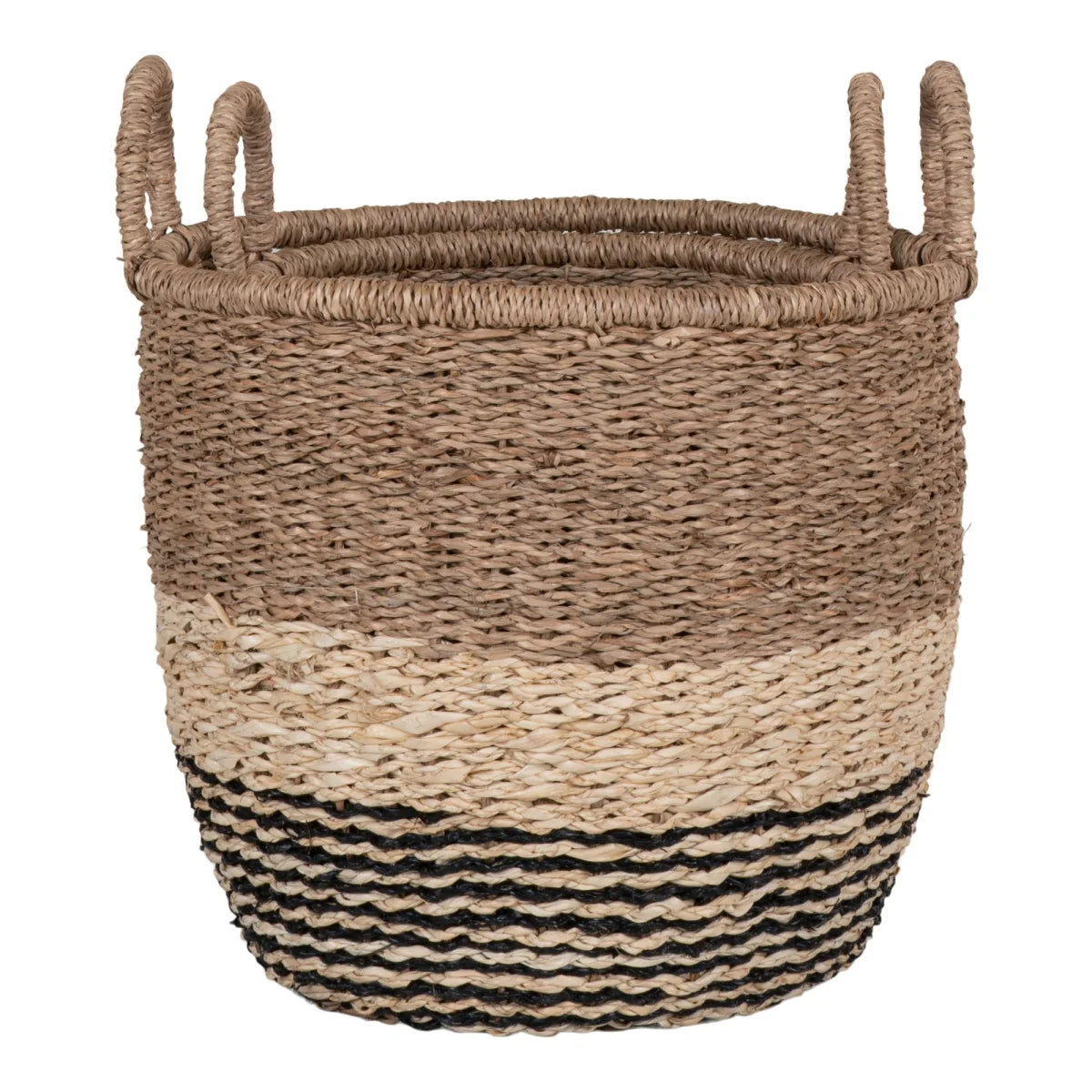 Panier en jonc de mer naturel noir, design rayures beige crème