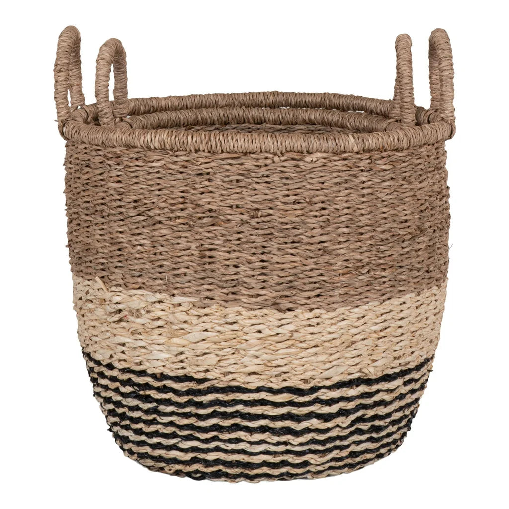Panier rond en jonc de mer naturel et noir avec poignées pour rangement élégant
