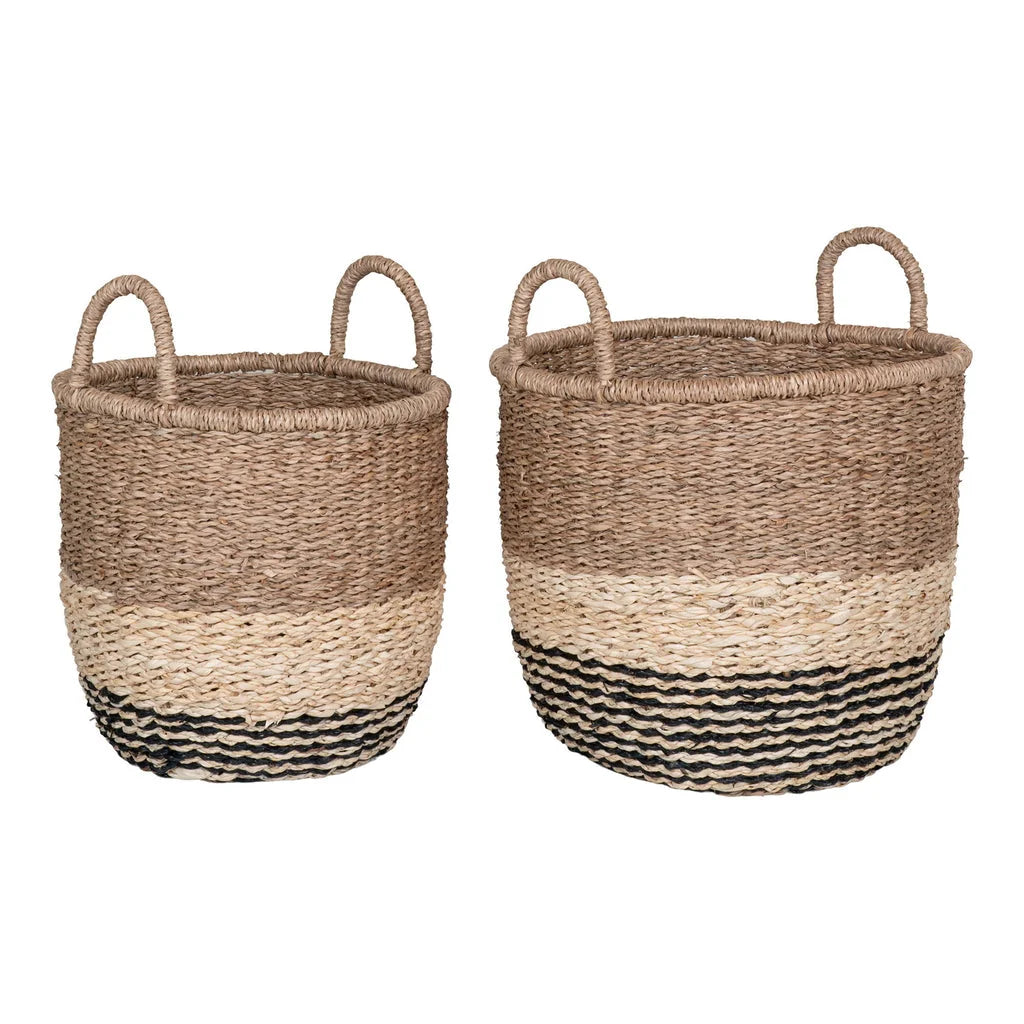 Deux paniers de rangement en jonc de mer naturel et noir pour décoration intérieure