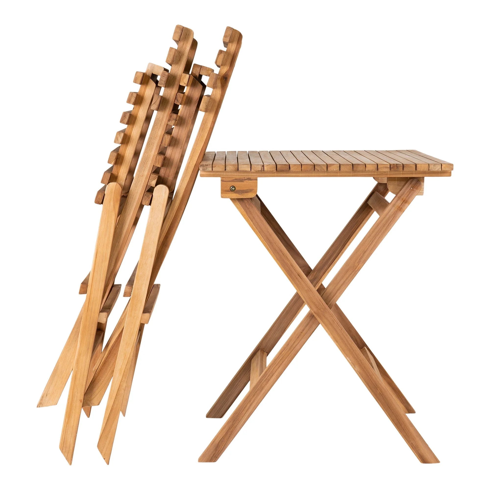 Ensemble bistrot en teck naturel pliant avec chaises et table carrée en bois