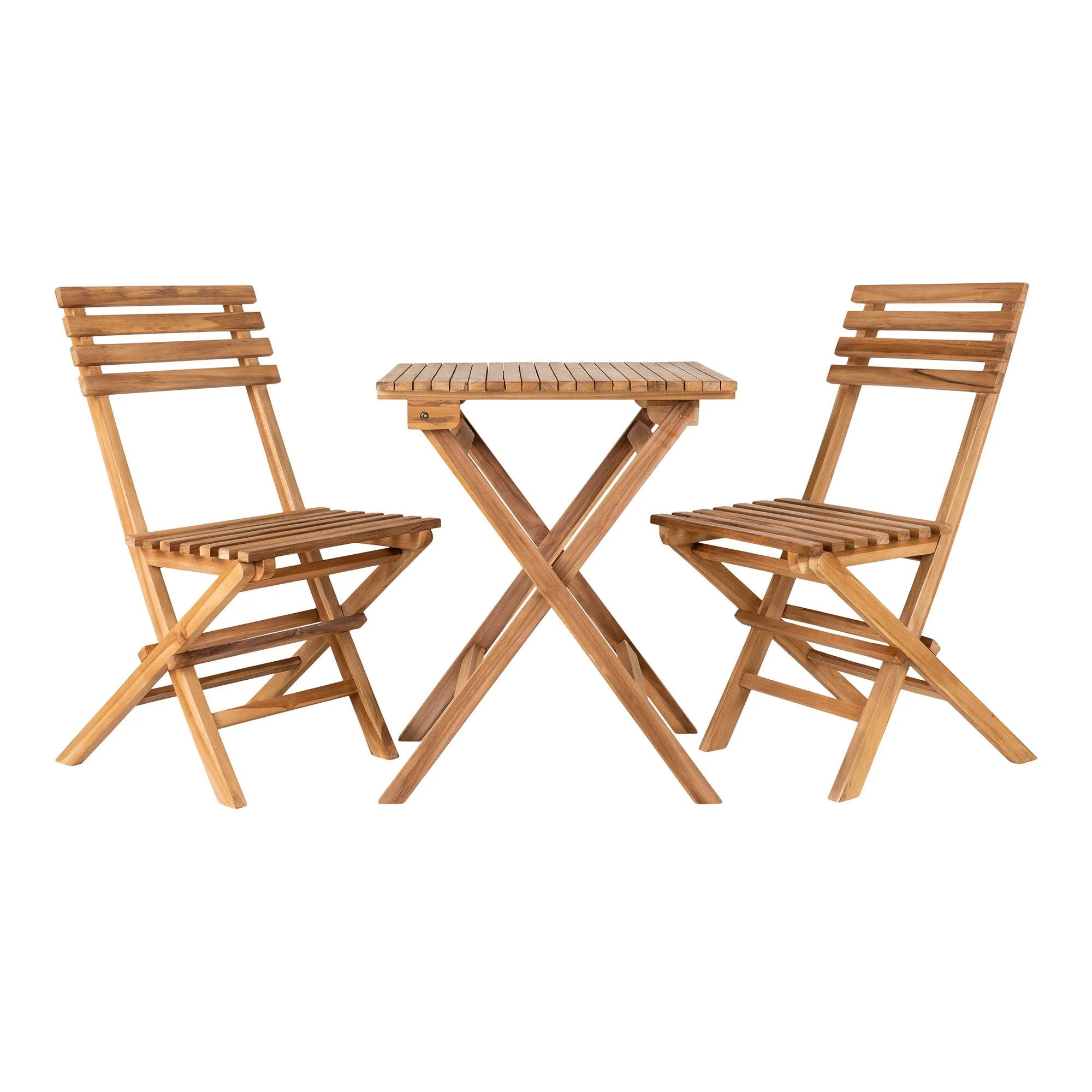 Ensemble bistrot en teck naturel pliant avec deux chaises et table carrée