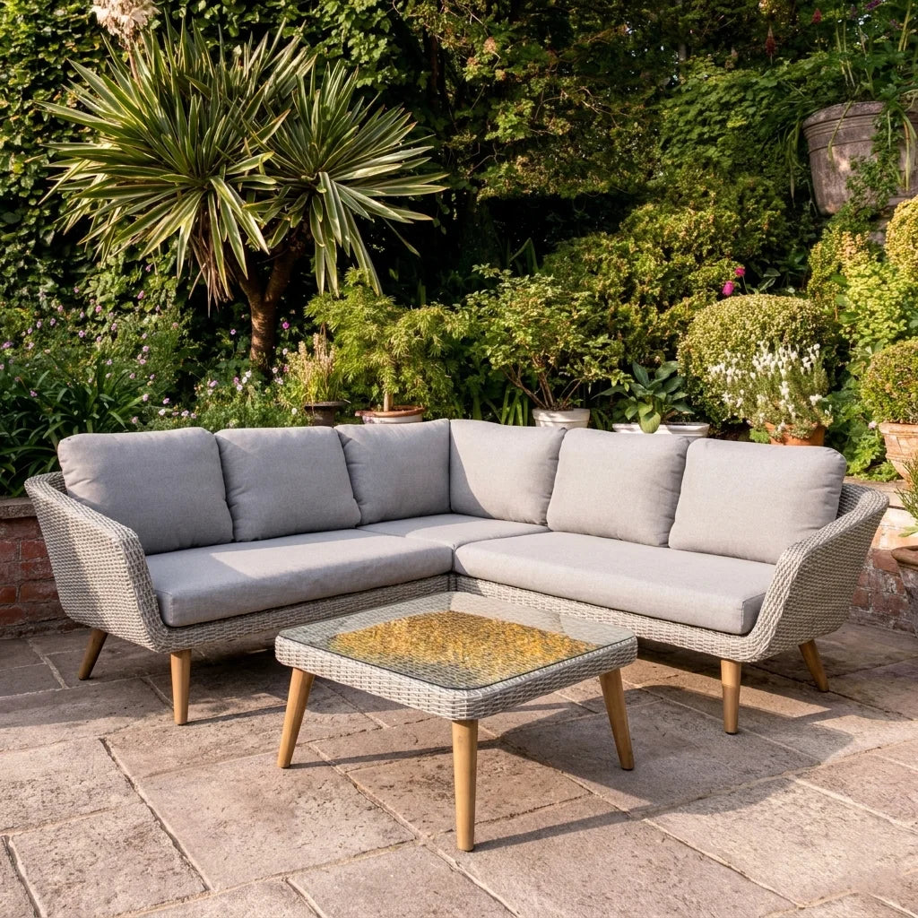 Ensemble salon d’angle extérieur gris 3 pièces avec table basse verre