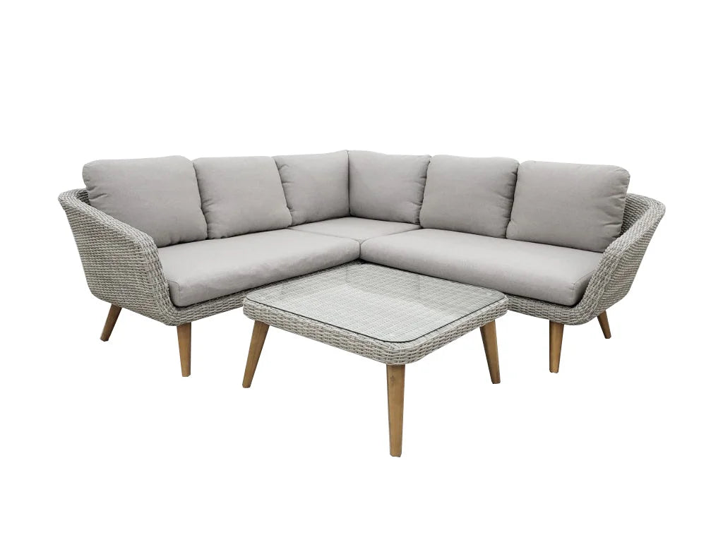 Ensemble salon d’angle extérieur gris 3 pièces avec table basse en osier