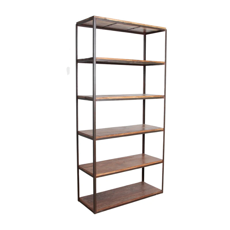 Étagère haute en bois recyclé et métal noir ouverte – 100x38 cm