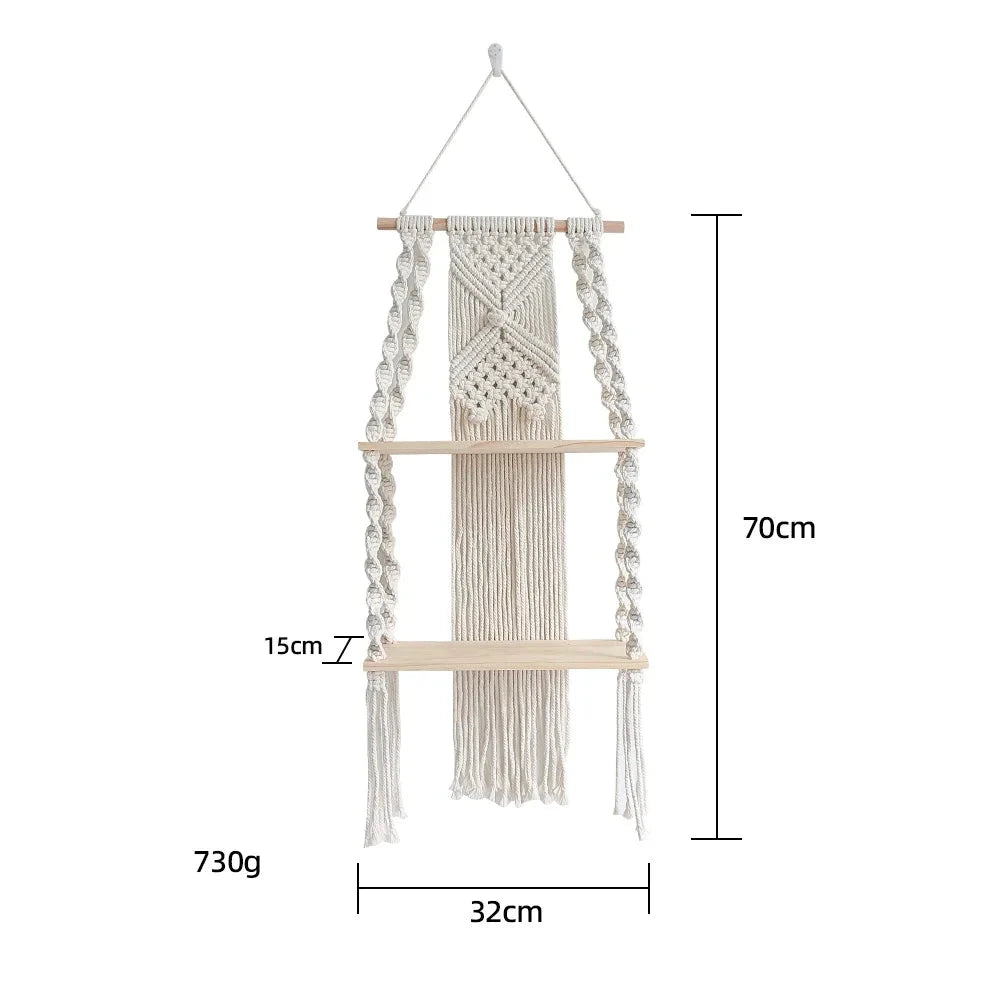Étagère murale 2 niveaux en bois et macramé dimension