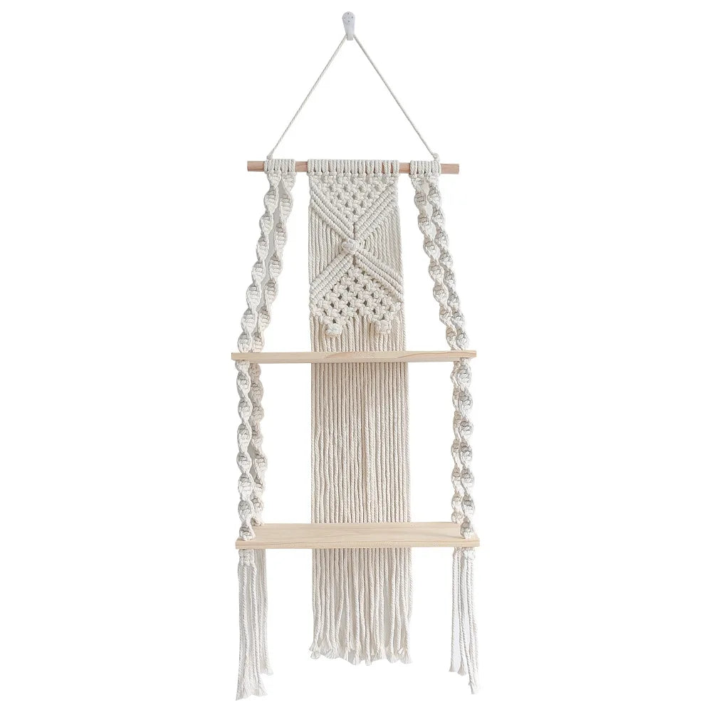 Étagère murale 2 niveaux en bois et macramé 