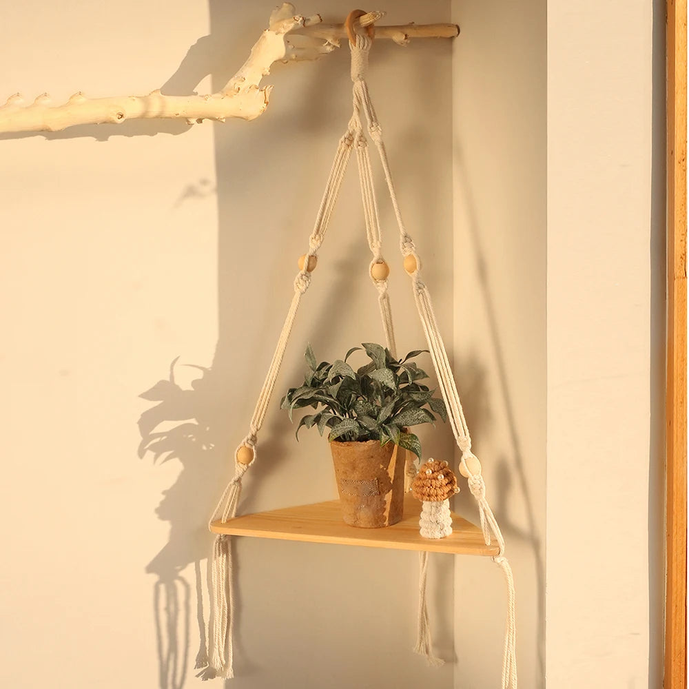 Étagère murale d'angle en bois et corde variante 1
