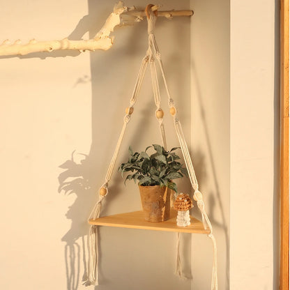Étagère murale d'angle en bois et corde variante 1
