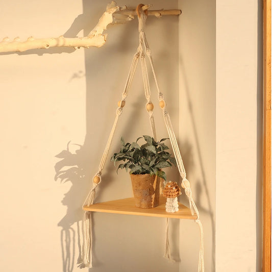Étagère murale d'angle en bois et corde variante 1