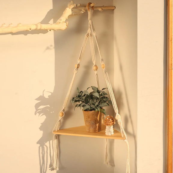 Étagère murale d'angle en bois et corde variante 1