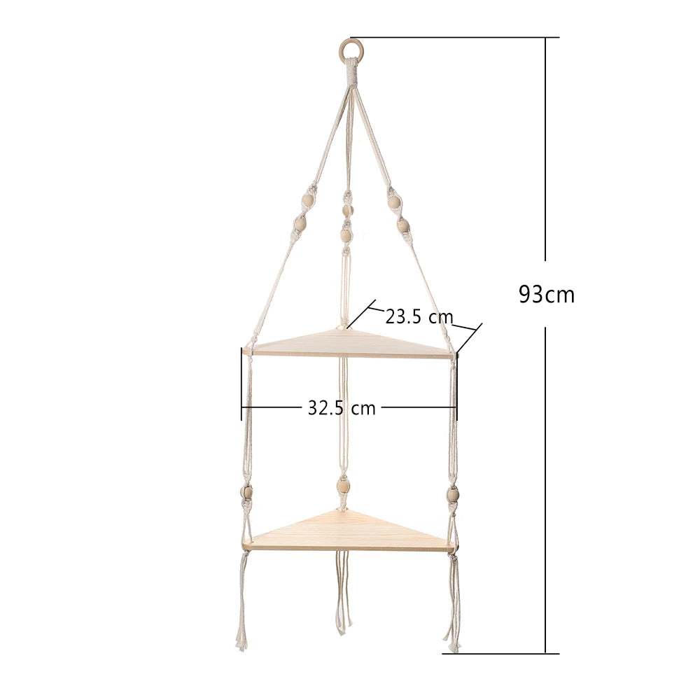 Étagère murale d'angle en bois et corde variante 2 dimension
