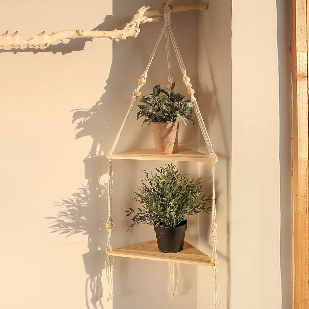 Étagère murale d'angle en bois et corde variante 2