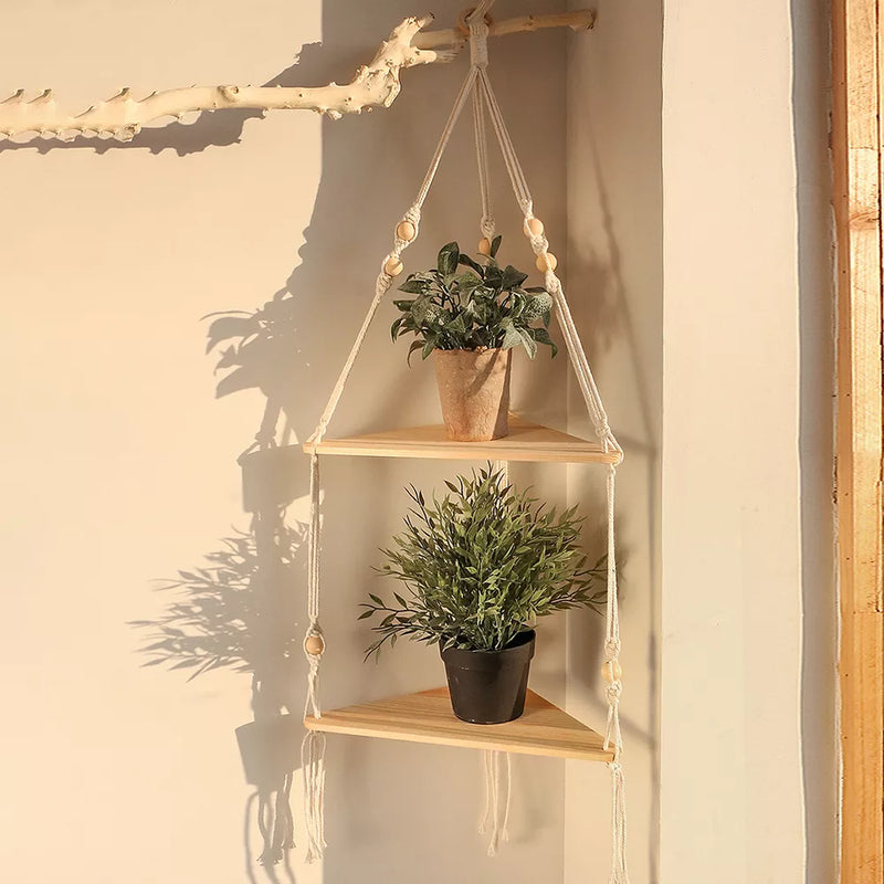 Étagère murale d'angle en bois et corde variante 2